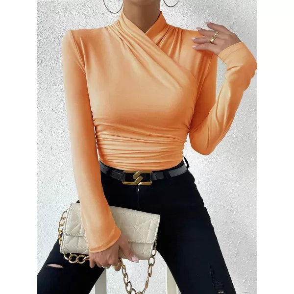 SweatyRocks Women's Ruched Mock Neck Long Sleeve T Shirt Solid Slim Fitted Tee Tops