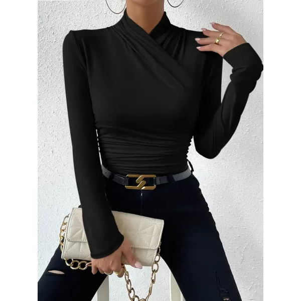 SweatyRocks Women's Ruched Mock Neck Long Sleeve T Shirt Solid Slim Fitted Tee Tops