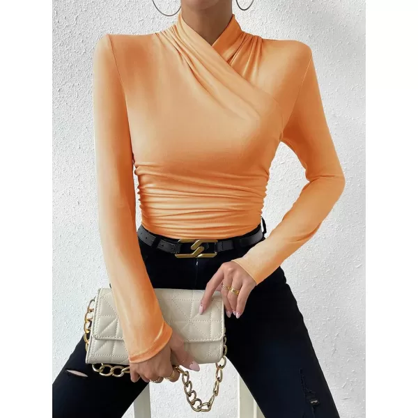 SweatyRocks Women's Ruched Mock Neck Long Sleeve T Shirt Solid Slim Fitted Tee Tops