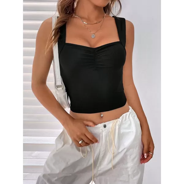 SweatyRocks Women's Ruched Wide Strap Tank Top Sleeveless Square Neck Casual Basic Cropped Tops