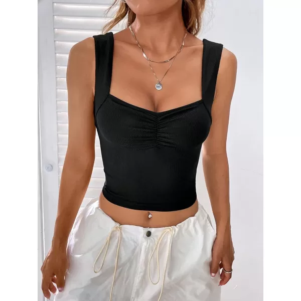 SweatyRocks Women's Ruched Wide Strap Tank Top Sleeveless Square Neck Casual Basic Cropped Tops
