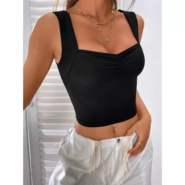 SweatyRocks Women's Ruched Wide Strap Tank Top Sleeveless Square Neck Casual Basic Cropped Tops