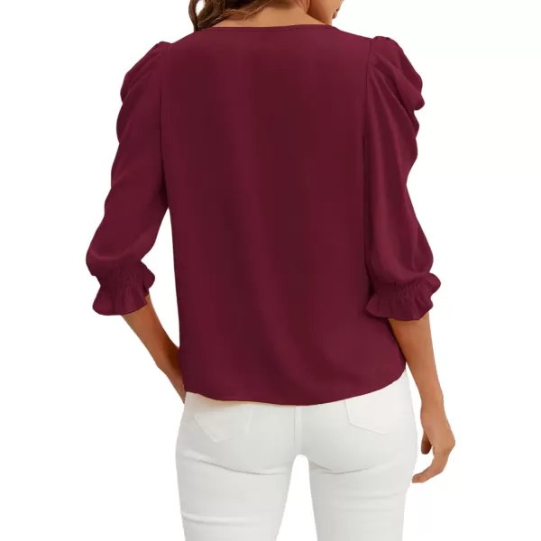 SweatyRocks Women's Ruffle Blouse 3/4 Puff Sleeve Round Neck Pullover Office Shirt Tops