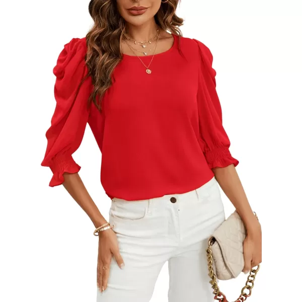 SweatyRocks Women's Ruffle Blouse 3/4 Puff Sleeve Round Neck Pullover Office Shirt Tops