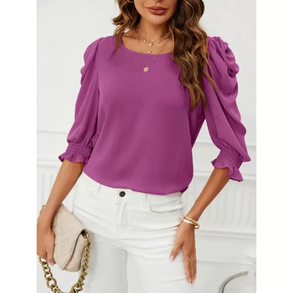 SweatyRocks Women's Ruffle Blouse 3/4 Puff Sleeve Round Neck Pullover Office Shirt Tops
