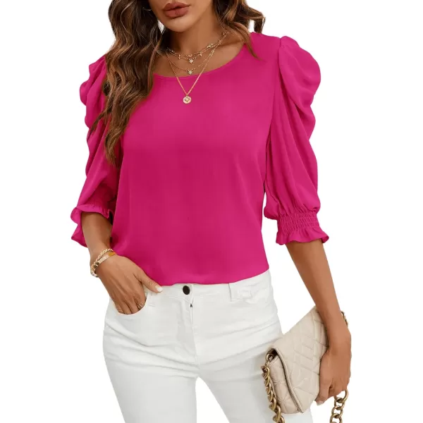 SweatyRocks Women's Ruffle Blouse 3/4 Puff Sleeve Round Neck Pullover Office Shirt Tops