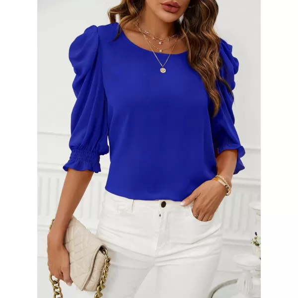SweatyRocks Women's Ruffle Blouse 3/4 Puff Sleeve Round Neck Pullover Office Shirt Tops