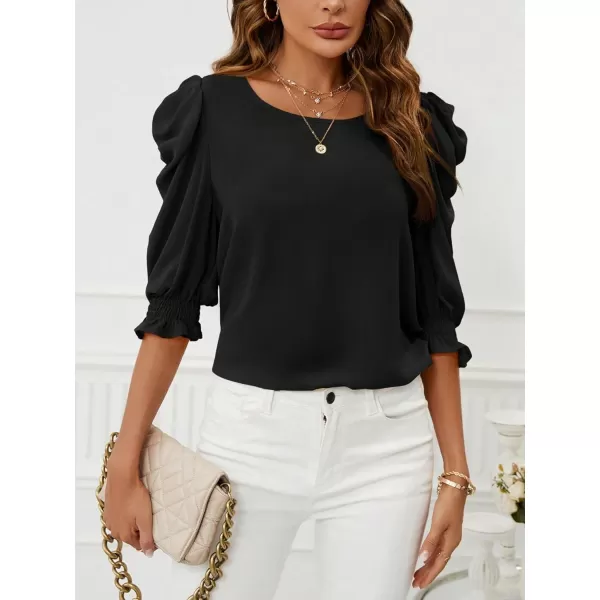 SweatyRocks Women's Ruffle Blouse 3/4 Puff Sleeve Round Neck Pullover Office Shirt Tops