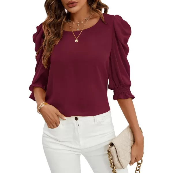 SweatyRocks Women's Ruffle Blouse 3/4 Puff Sleeve Round Neck Pullover Office Shirt Tops
