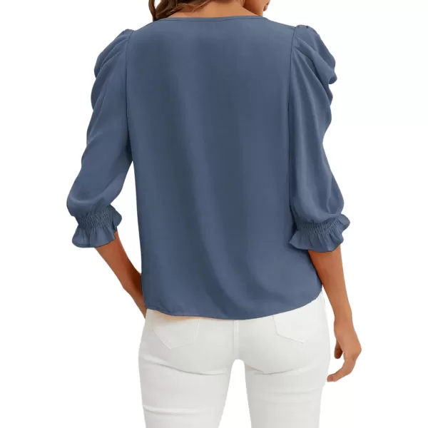 SweatyRocks Women's Ruffle Blouse 3/4 Puff Sleeve Round Neck Pullover Office Shirt Tops