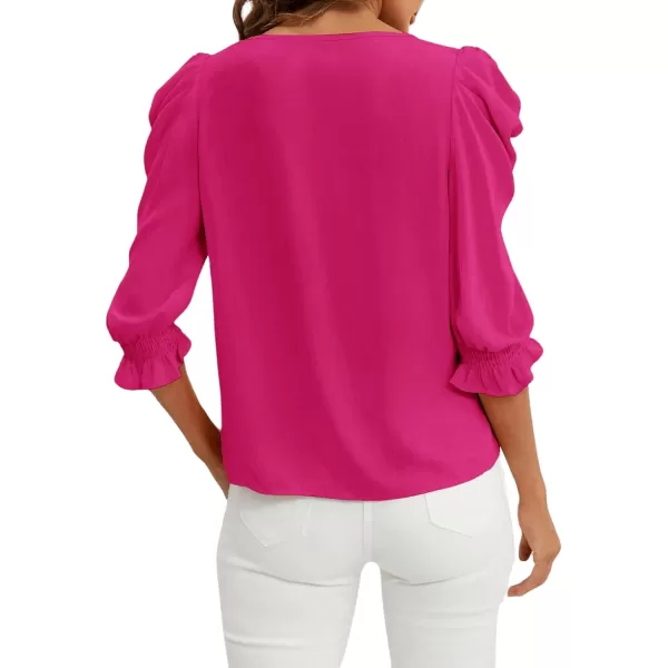 SweatyRocks Women's Ruffle Blouse 3/4 Puff Sleeve Round Neck Pullover Office Shirt Tops