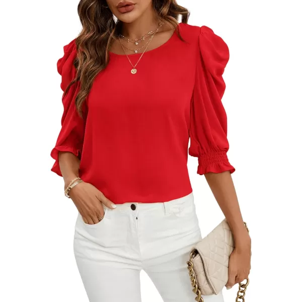 SweatyRocks Women's Ruffle Blouse 3/4 Puff Sleeve Round Neck Pullover Office Shirt Tops
