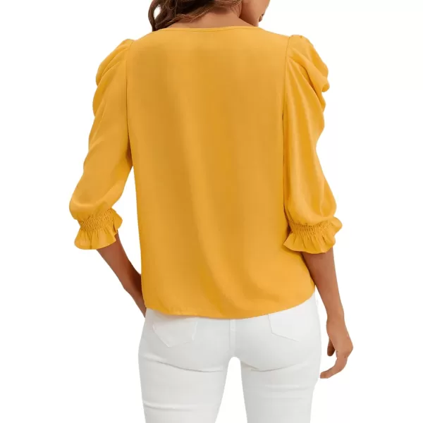 SweatyRocks Women's Ruffle Blouse 3/4 Puff Sleeve Round Neck Pullover Office Shirt Tops