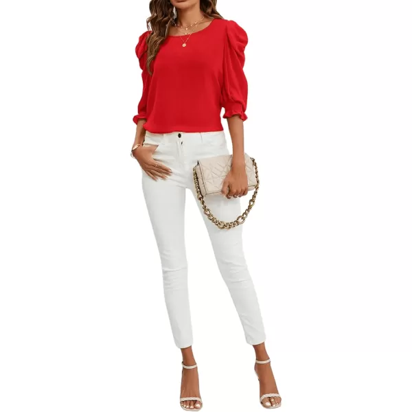 SweatyRocks Women's Ruffle Blouse 3/4 Puff Sleeve Round Neck Pullover Office Shirt Tops