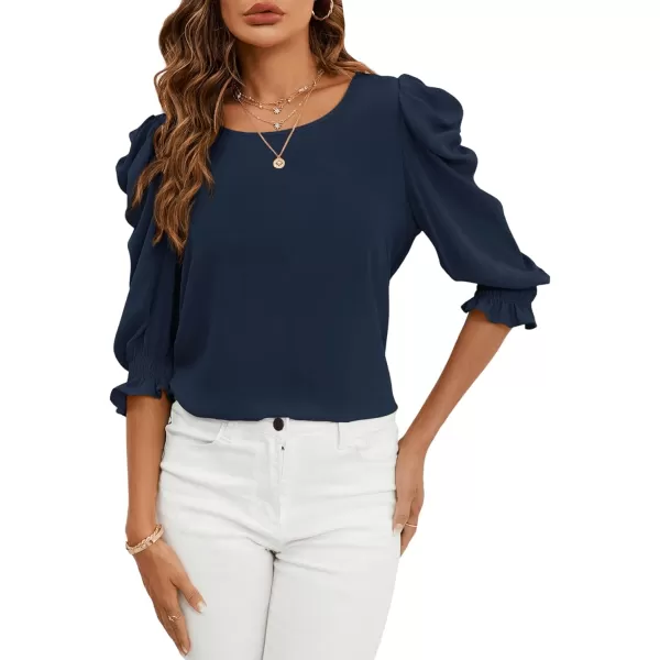 SweatyRocks Women's Ruffle Blouse 3/4 Puff Sleeve Round Neck Pullover Office Shirt Tops