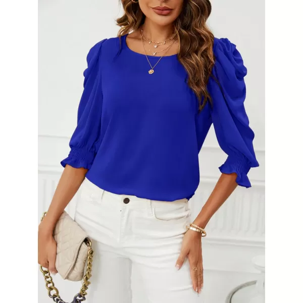 SweatyRocks Women's Ruffle Blouse 3/4 Puff Sleeve Round Neck Pullover Office Shirt Tops