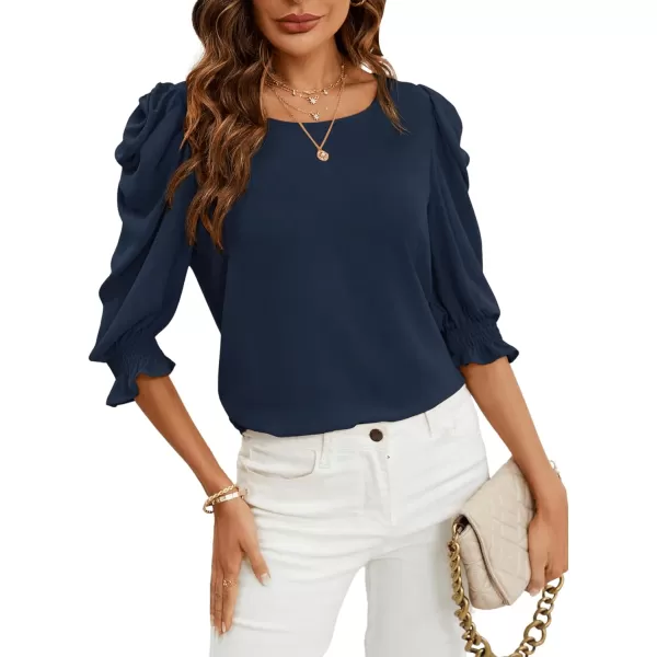 SweatyRocks Women's Ruffle Blouse 3/4 Puff Sleeve Round Neck Pullover Office Shirt Tops