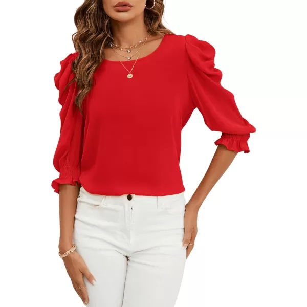 SweatyRocks Women's Ruffle Blouse 3/4 Puff Sleeve Round Neck Pullover Office Shirt Tops