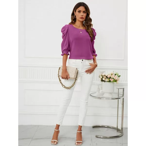 SweatyRocks Women's Ruffle Blouse 3/4 Puff Sleeve Round Neck Pullover Office Shirt Tops
