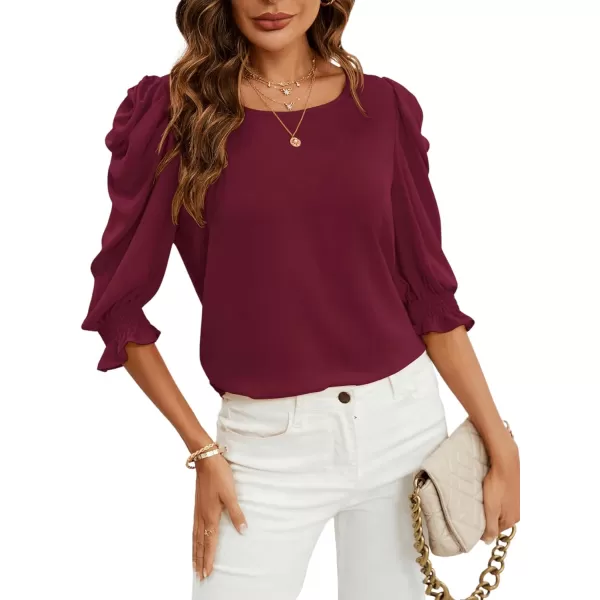 SweatyRocks Women's Ruffle Blouse 3/4 Puff Sleeve Round Neck Pullover Office Shirt Tops