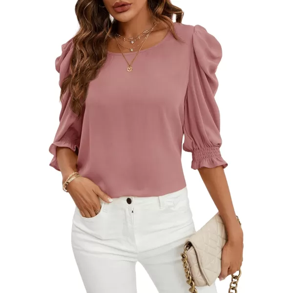 SweatyRocks Women's Ruffle Blouse 3/4 Puff Sleeve Round Neck Pullover Office Shirt Tops