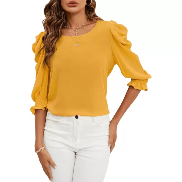 SweatyRocks Women's Ruffle Blouse 3/4 Puff Sleeve Round Neck Pullover Office Shirt Tops