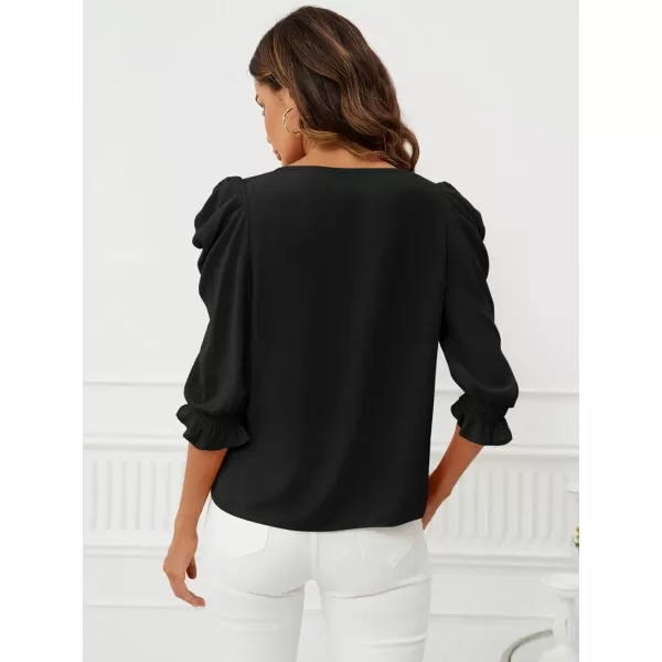 SweatyRocks Women's Ruffle Blouse 3/4 Puff Sleeve Round Neck Pullover Office Shirt Tops