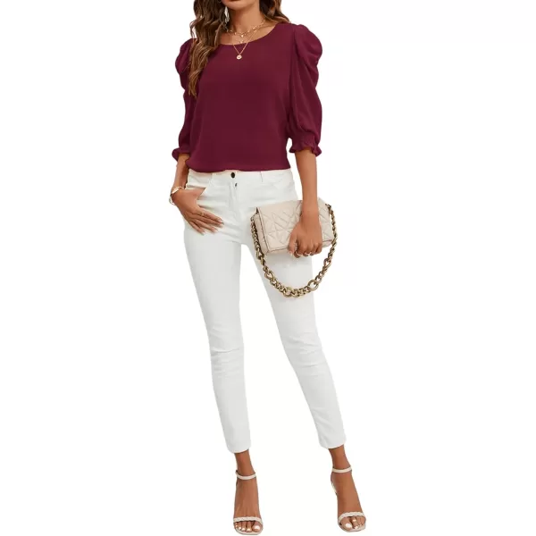 SweatyRocks Women's Ruffle Blouse 3/4 Puff Sleeve Round Neck Pullover Office Shirt Tops