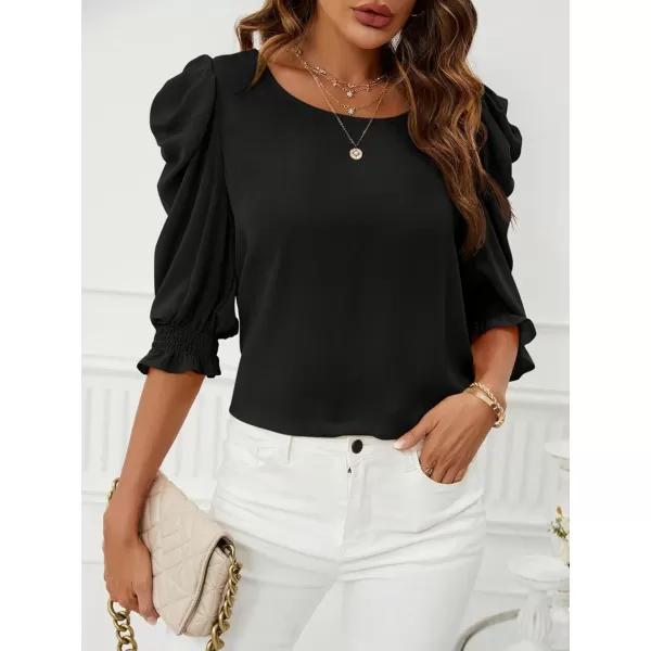 SweatyRocks Women's Ruffle Blouse 3/4 Puff Sleeve Round Neck Pullover Office Shirt Tops