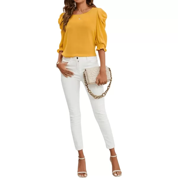 SweatyRocks Women's Ruffle Blouse 3/4 Puff Sleeve Round Neck Pullover Office Shirt Tops