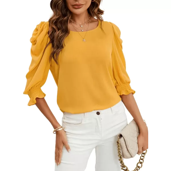 SweatyRocks Women's Ruffle Blouse 3/4 Puff Sleeve Round Neck Pullover Office Shirt Tops