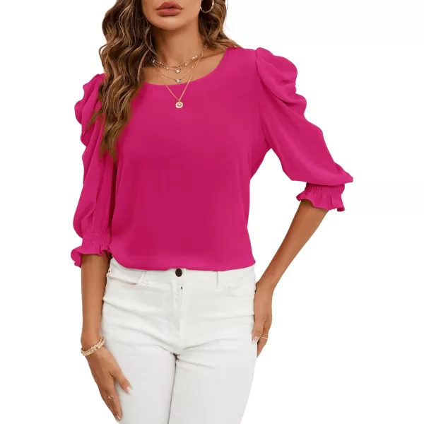 SweatyRocks Women's Ruffle Blouse 3/4 Puff Sleeve Round Neck Pullover Office Shirt Tops