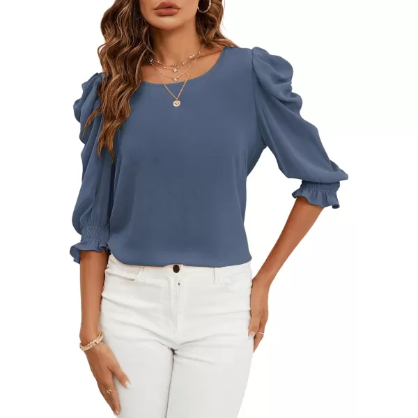 SweatyRocks Women's Ruffle Blouse 3/4 Puff Sleeve Round Neck Pullover Office Shirt Tops