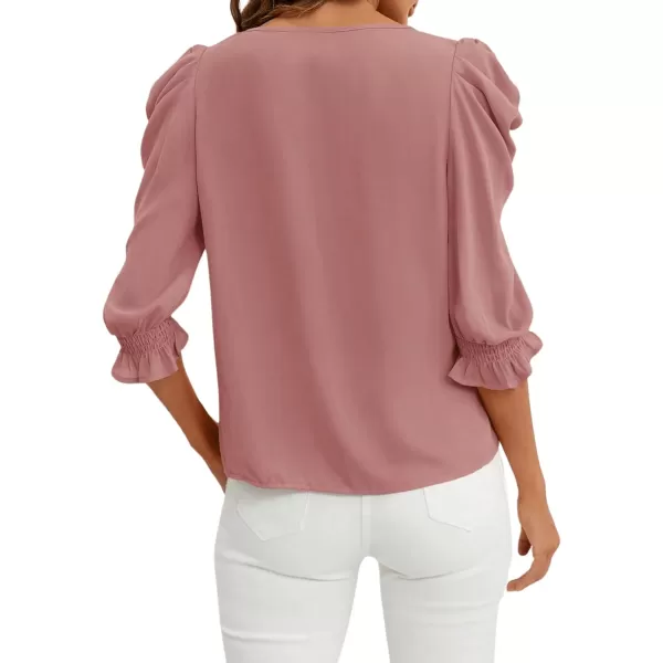 SweatyRocks Women's Ruffle Blouse 3/4 Puff Sleeve Round Neck Pullover Office Shirt Tops