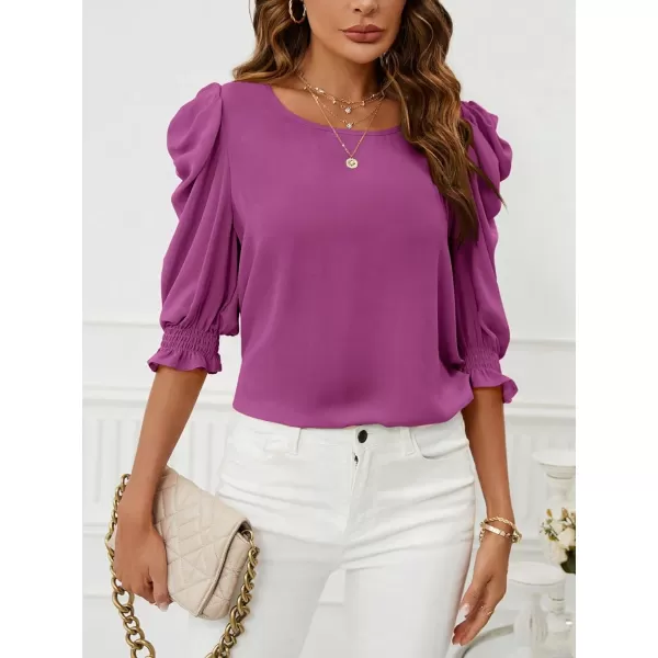 SweatyRocks Women's Ruffle Blouse 3/4 Puff Sleeve Round Neck Pullover Office Shirt Tops
