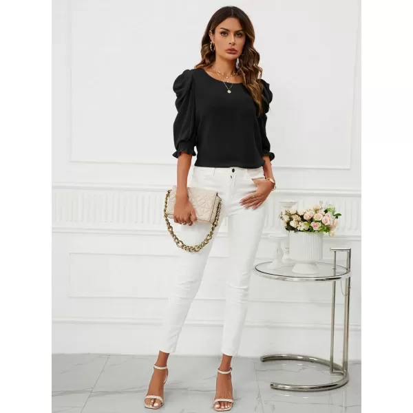 SweatyRocks Women's Ruffle Blouse 3/4 Puff Sleeve Round Neck Pullover Office Shirt Tops