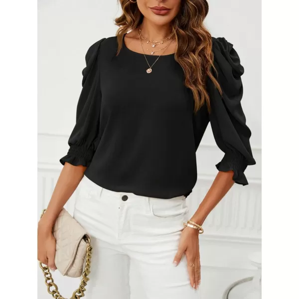 SweatyRocks Women's Ruffle Blouse 3/4 Puff Sleeve Round Neck Pullover Office Shirt Tops