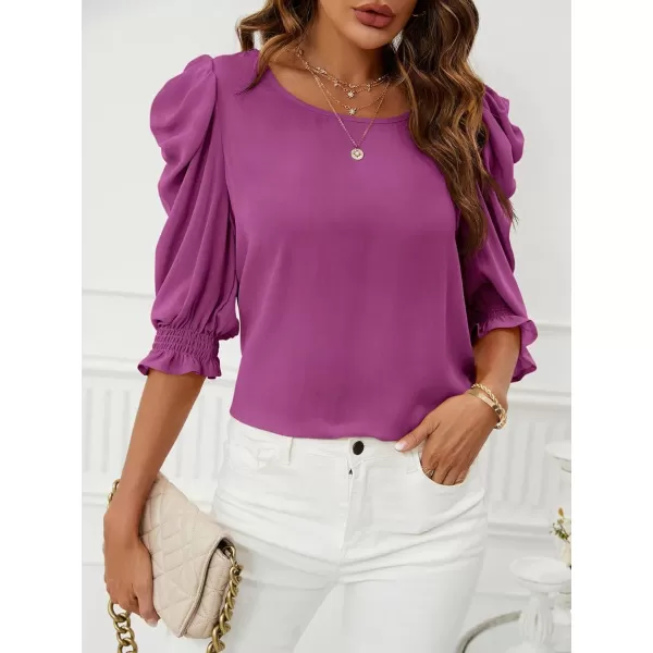 SweatyRocks Women's Ruffle Blouse 3/4 Puff Sleeve Round Neck Pullover Office Shirt Tops