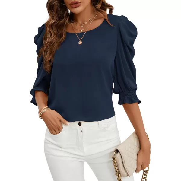 SweatyRocks Women's Ruffle Blouse 3/4 Puff Sleeve Round Neck Pullover Office Shirt Tops