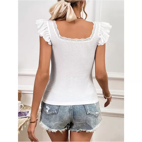 SweatyRocks Women's Ruffle Cap Sleeve Square Neck Tee Top Contrast Lace Slim Fit T Shirts