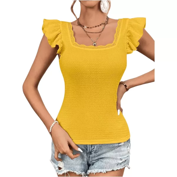 SweatyRocks Women's Ruffle Cap Sleeve Square Neck Tee Top Contrast Lace Slim Fit T Shirts