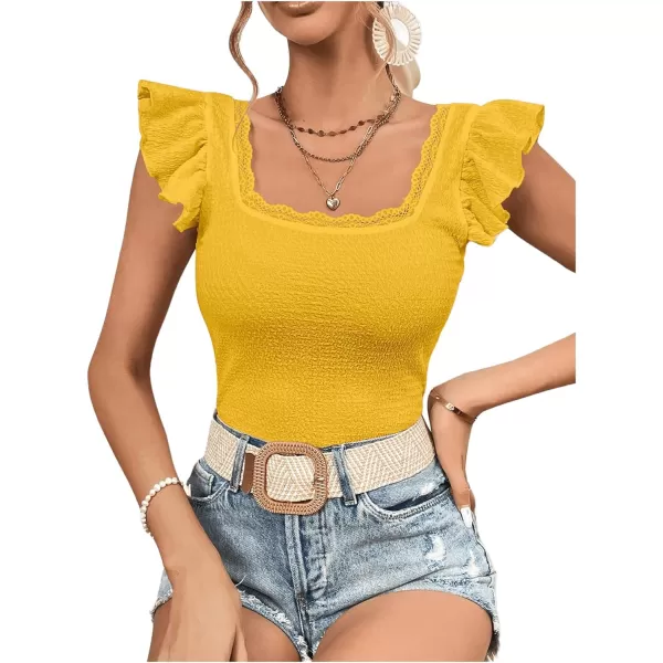 SweatyRocks Women's Ruffle Cap Sleeve Square Neck Tee Top Contrast Lace Slim Fit T Shirts