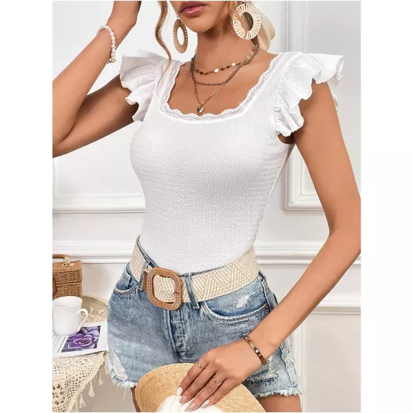 SweatyRocks Women's Ruffle Cap Sleeve Square Neck Tee Top Contrast Lace Slim Fit T Shirts