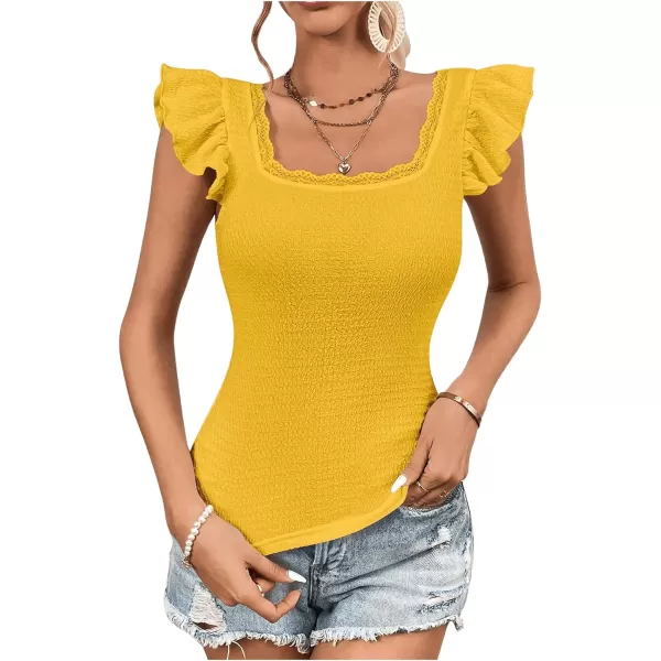 SweatyRocks Women's Ruffle Cap Sleeve Square Neck Tee Top Contrast Lace Slim Fit T Shirts