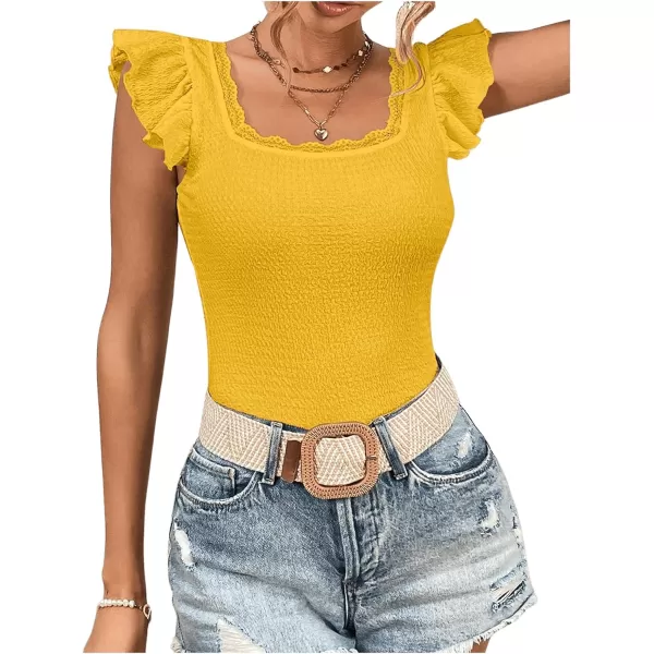 SweatyRocks Women's Ruffle Cap Sleeve Square Neck Tee Top Contrast Lace Slim Fit T Shirts
