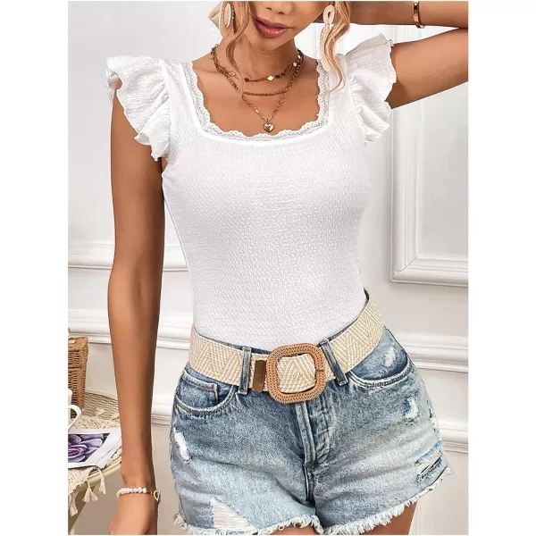 SweatyRocks Women's Ruffle Cap Sleeve Square Neck Tee Top Contrast Lace Slim Fit T Shirts