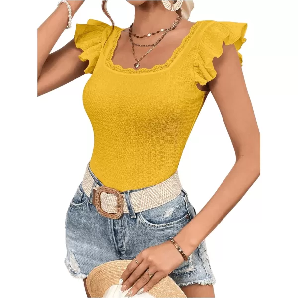 SweatyRocks Women's Ruffle Cap Sleeve Square Neck Tee Top Contrast Lace Slim Fit T Shirts