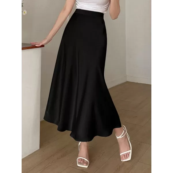 SweatyRocks Women's Satin High Waisted A Line Maxi Skirt Elegant Solid Flowy Party Long Skirts