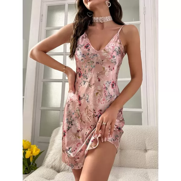 SweatyRocks Women's Satin Lace Lingerie V Neck Sleeveless Nightgown Sleepwear Cami Dress