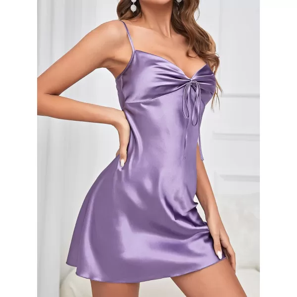 SweatyRocks Women's Satin Lace Lingerie V Neck Sleeveless Nightgown Sleepwear Cami Dress